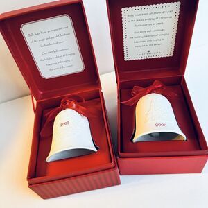 Set of 2 Hallmark Bell Ornaments 2007 & 2008 Bell Christmas Tree Ivory Porcelain